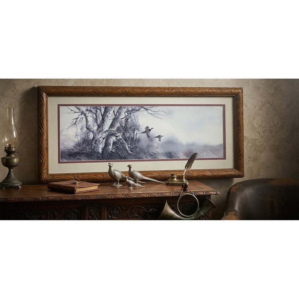 Vintage 1983 Signed Pheasant Bird Nature Print Carved Wood Frame 18.5x8.5